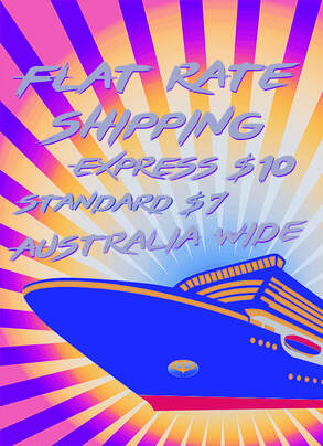 Vector of Colourful Ship and Sun Rise Advertising Flat Rate Shipping for Chest Binders Made in Australia by Lily and Bang Bang
