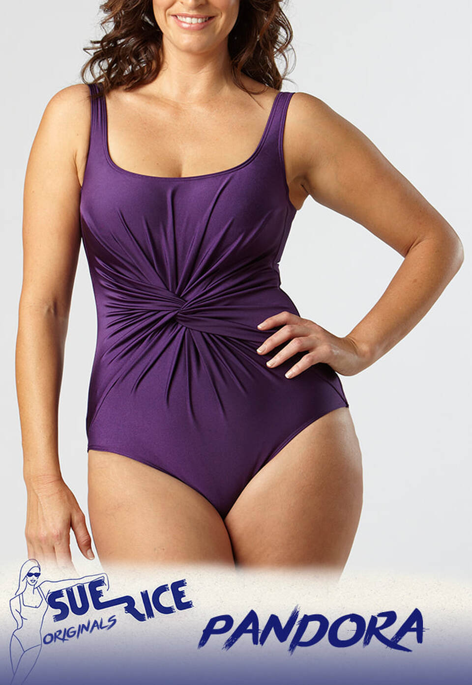 Size 14D Model Wearing Pandora a Plum Coloured One Piece Swimsuit with a Fab Twist Front. Only Available From Siouxsie Swim Australian Made Designer Swimwear