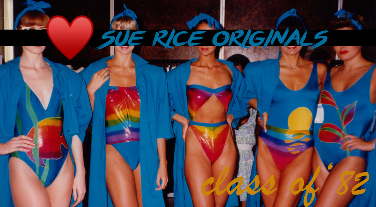 Five Women Wearing Colourful Sue Rice Swimwear and Blue Shirt Dresses - Labeled the Class of 82